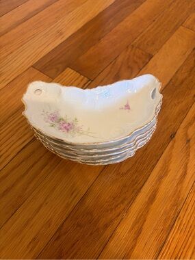 Set of 5 Vintage Weimar Germany Porcelain Crescent Bone Dishes Floral Gold Trim